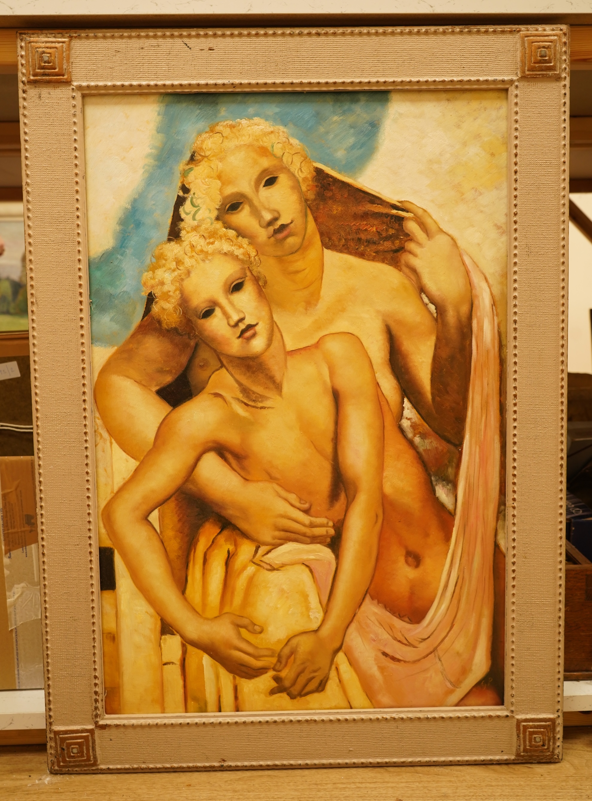 Decorative study of two figures, oil on board, 75 x 50cm